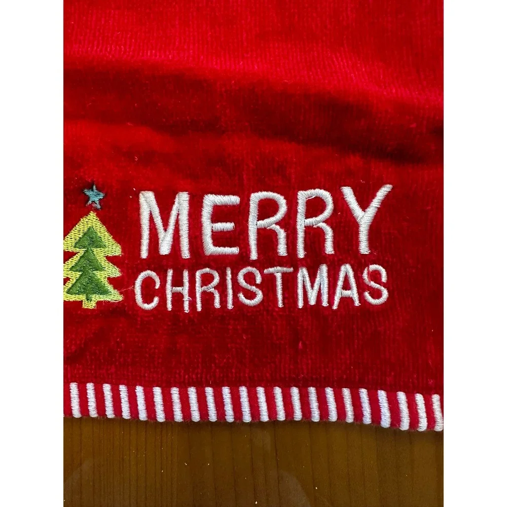 Merry Christmas Red Cotton Hand Towel Embroidered Tree Striped Trim RN 17730